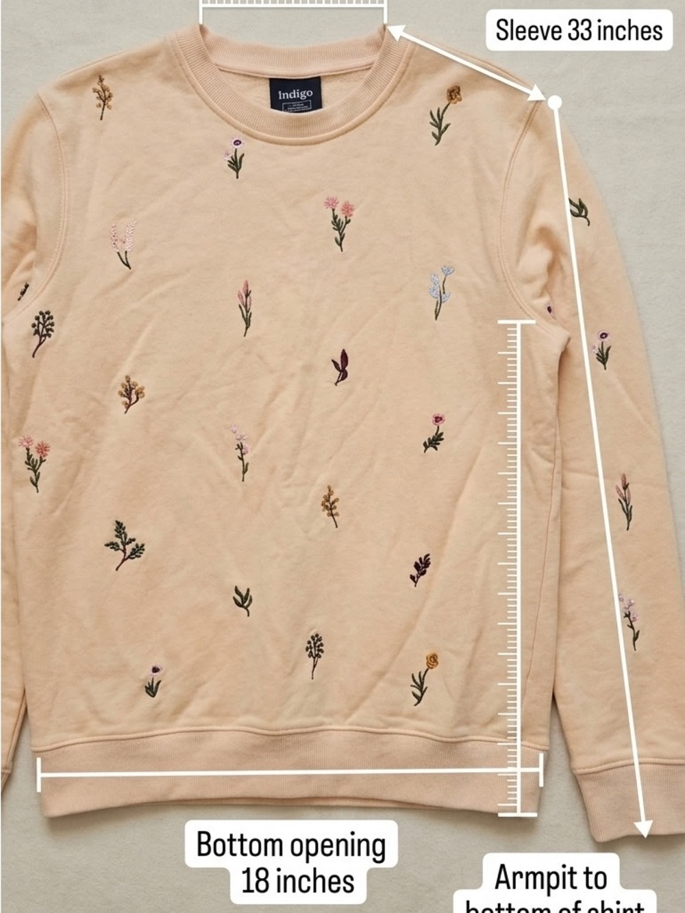 Indigo Peach Crewneck Sweater with Multicolor Floral Embroidery